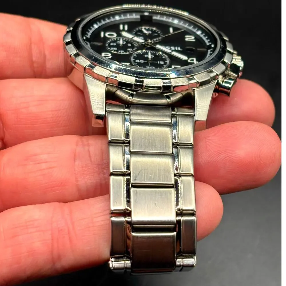 Fossil Dean FS4542 Black Chronograph Silver Tone Stainless Steel Watch 45mm